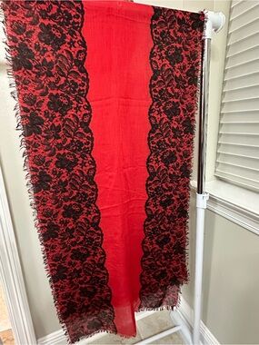 Avenue Red Scarf with Black Lace-Style Border